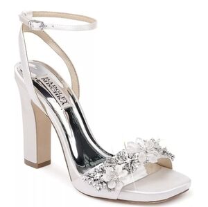 Badgley Mischka Embellished White Satin Block Heel Sandals Size 6
